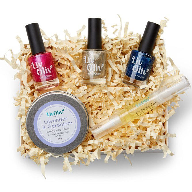LivOliv Cruelty Free Gift Box with three nail polish, a hand cream and cuticle oil